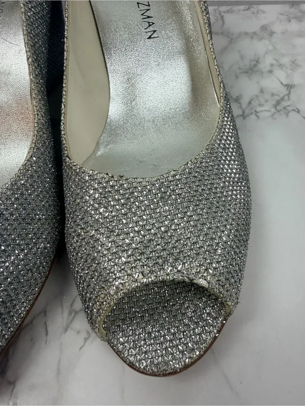 Stuart Weitzman Annaform Size 8 Silver Formal Wedge Pump Heels - Image 3
