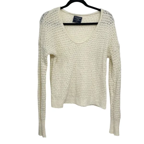 Abercrombie & Fitch Cream Chunky Knit Long Sleeve Sweater Womens S Crochet Boho - Image 2