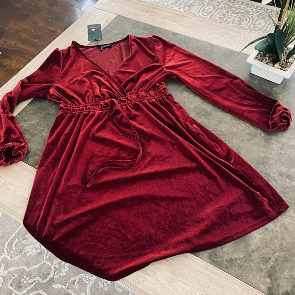 Women's Velvet Dress Wrap V Neck Pleated Waist Long Sleeve Casual Party Skater Dresses - Image 8