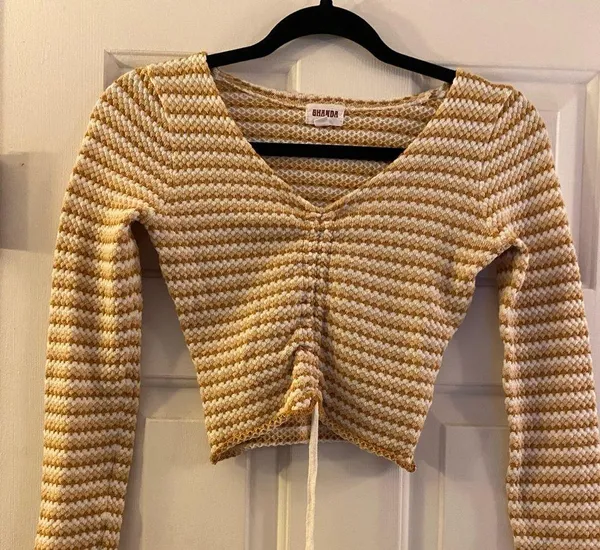 Ghanda Cisco Long Sleeve Crop Top in Natural Stripe, Size Extra Small - Image 3