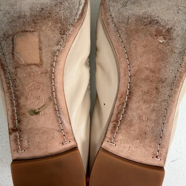 Tory Burch Minnie Womens 8.5 Cap Toe Logo Beige Gold Ballet Flat Slip On Shoe - Image 12