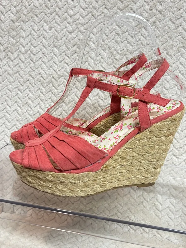 Bamboo Coral Red Espadrille Wedge Sandals 6 Floral T-Strap Cottagecore Y2K - Image 5