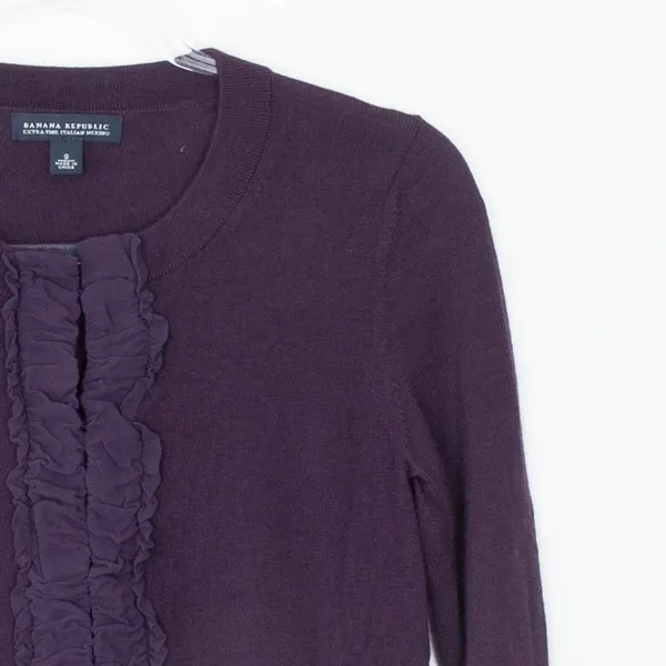 Banana Republic Merino‎ Wool Cardigan Ruffle Front Purple Fitted Sweater Size S - Image 2