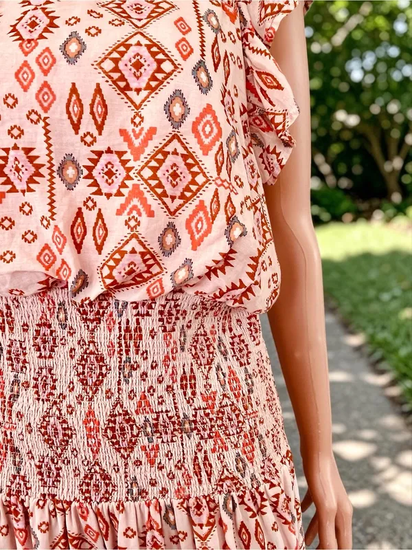 AQUA Boho Smocked Cotton Maxi Dress XL Pink Geometric Flutter Sleeve - Image 4