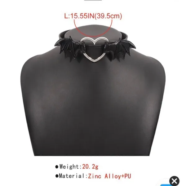 Goth Black Faux Leather Silver Heart Choker-OS - Image 5