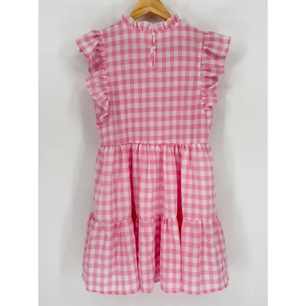 Entro Pink Plaid‎ Checkered Gingham Dress Small Tiered Babydoll Mini Ruffle Neck - Image 4