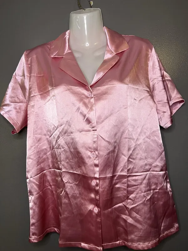 Ekouaer Pajama Top Womens Medium Pink Satin Button Front Short Sleeve Sleep - Image 2