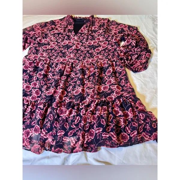EXPRESS XL Black Mini Dress Black Rose Pink Floral Print Chiffon Flowy Flirty - Image 10
