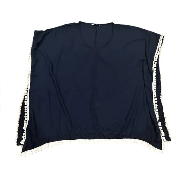 Adreamly Navy Blue White Pom-Pom Beach Resort Vacation Swim Coverup One Size Os - Image 2