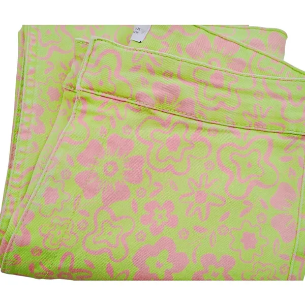 Zara Kick Flare Jeans Womens Sz 10 Green Pink Floral High Rise Crop 70s Raw Hem - Image 3