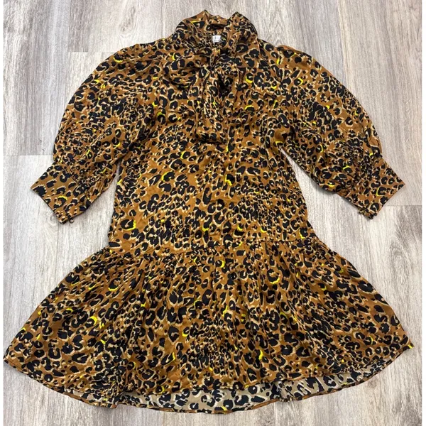 Hunter Bell New York Silk Leopard Print Tie Neck Drop Waist Mini‎ Dress XS Brown - Image 2