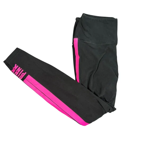 Victoria's Secret PINK Leggings Womens Large Black Pink Stripe High Rise Logo - Image 4