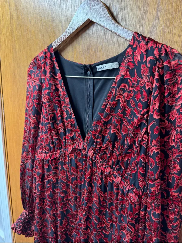 Alice + Olivia Briar Floral Blouson Empire Long Sleeve Mini Dress Red Black 2 - Image 8