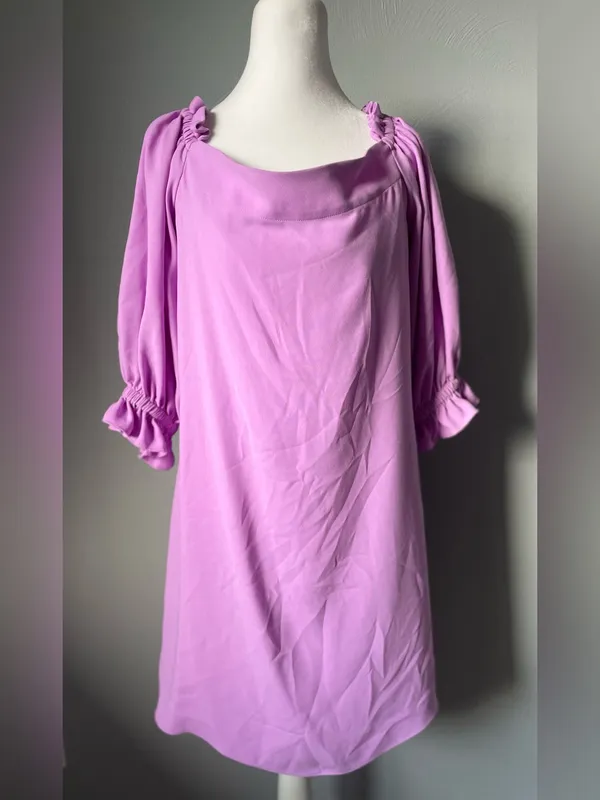 Trina Turk Equinox Dress // Sugarberry Purple Crepe Ruffle Sleeve Boho Mini - Image 3