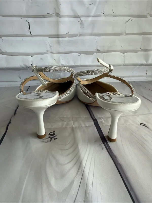 Badgley Mischka Ivory Pointed Toe Slingback Heels with Rhinestone Ankle Straps - Image 8