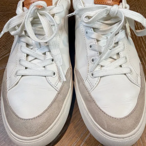 Tory Burch Color Block Sneakers‎ Leather Suede White Tan Neutral Size 9 - Image 11
