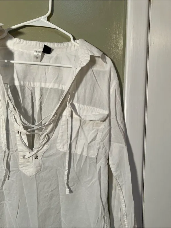 RD Style Women’s Sz Medium Lace Up Top Long Sleeve Collared Chest Pockets Cotton - Image 5