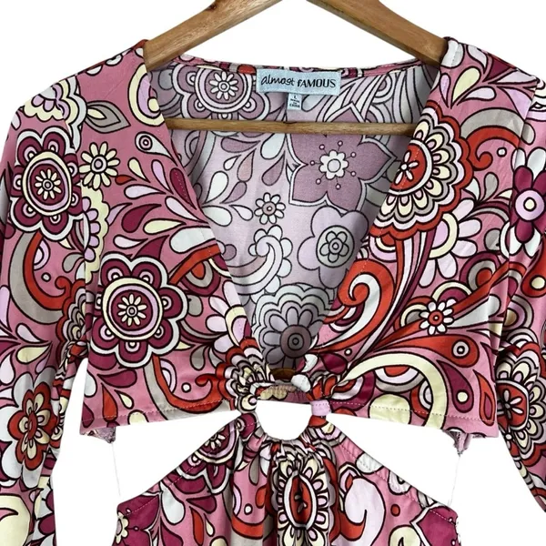 Almost Famous Retro Floral Psychedelic Cutout Mini Dress Pink 70s Hippie Size L - Image 3