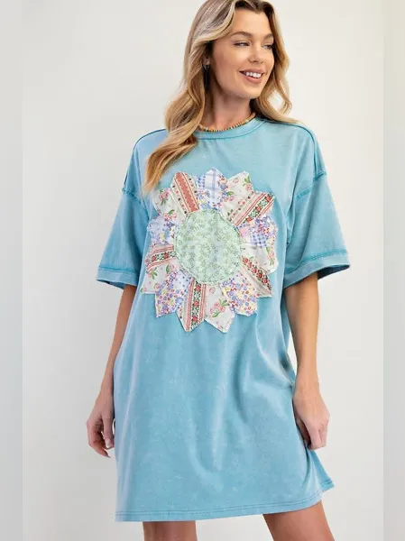 Easel | BOHO PATCH MINERAL WASHED T-SHIRT DRESS BLUE, M - Image 2