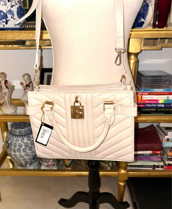 Bebe Aerin Blush Quilted Satchel bag in light pink (blush) with V-capped design and a distinctive gilded logo decorative padlock. - Image 2