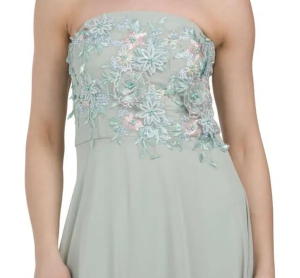 NWT XL Oleg Cassini Sage Blossom Gown Women’s Strapless Embroidered Bodice Maxi Dress - Image 3