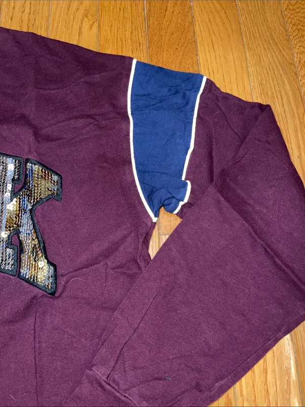 PINK Victoria's Secret Plum Long Sleeve Tee with Navy Panels and Sequin Logo - Image 3