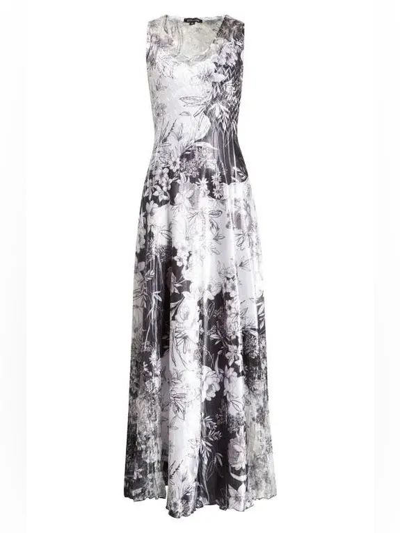 Komarov Lace-Up Back Charmeuse Sleeveless Maxi Dress Watercolor Floral Large - Image 3