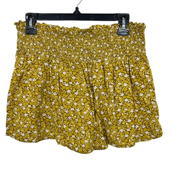 Aerie Smocked Waist Floral Flowy Shorts Women's Size L Mustard Yellow White Boho - Image 2