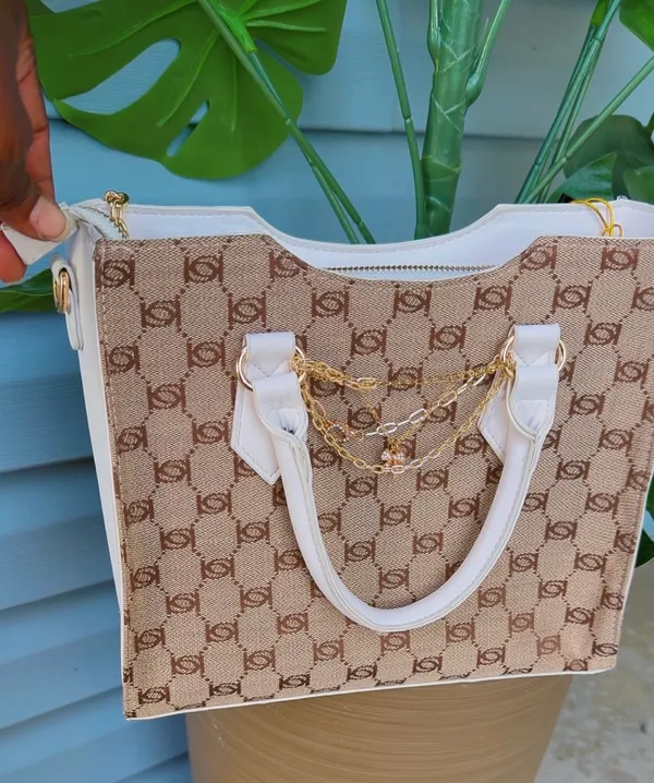 Bebe Monogram Tote Bag White Faux Leather Trim Satchel - Image 7