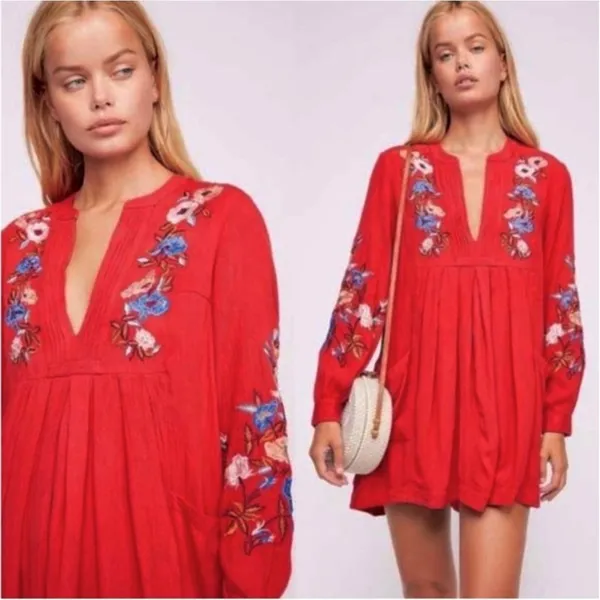 Free People‎ Mia Embroidered Mini Dress Large Red Floral Boho Gauzy Flawy - Image 2