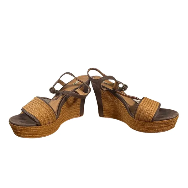 UGG Women’s Brown Leather T-Strap Woven Detail Wedge Espadrille Sandals Size 9 - Image 4