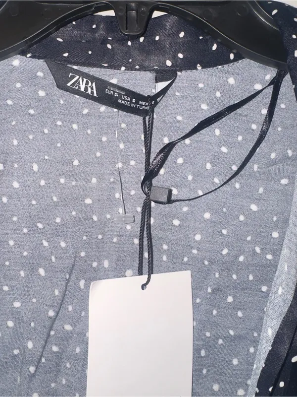 ZARA Polka Dot Tie Front Satin Blouse Women's Size S NWT Black White - Image 5