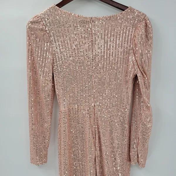 Sublime Sequined Gown S Pink Faux Wrap Long Puff Sleeve Tigh Slit Party Wedding - Image 8