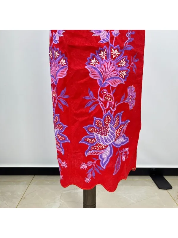 NWOT Farm Rio Red Porcelain Garden Scalloped Linen Midi Skirt Size XS - Image 5