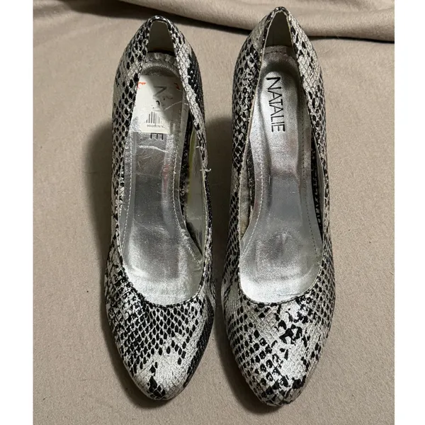 Natalie Womens Snakeskin Print Pointed Toe Stiletto Pumps Silver Black 10 5021 - Image 3