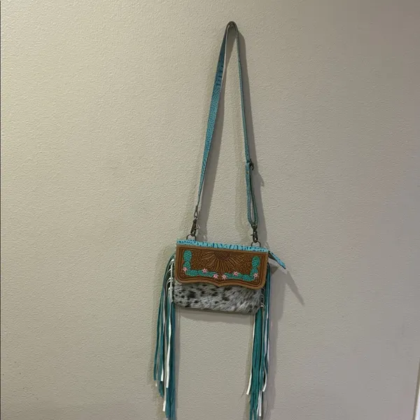 Myra Bag Turquoise and Brown Fringe Crossbody - Image 5