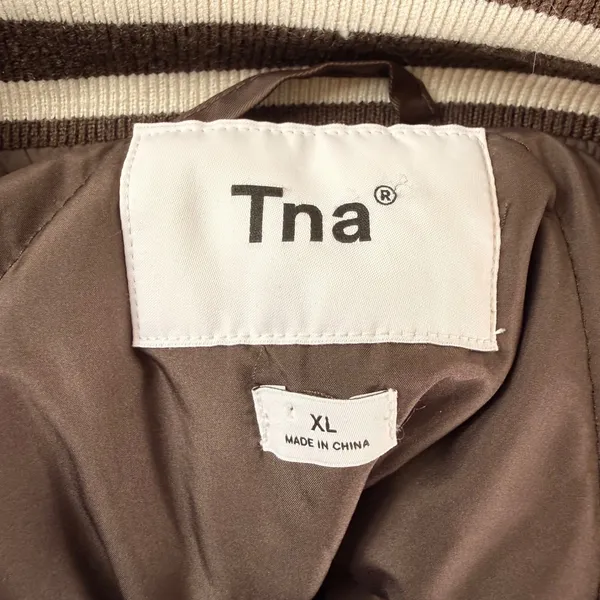 Tna Aritzia Stadium Jacket Brown Satin Varsity Bomber Striped Trim Women XL - Image 9