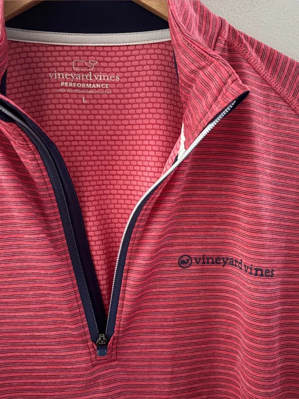Vineyard Vines Performance 1/4 Zip Pullover Men’s L Pink Stripe Golf Preppy Top - Image 2