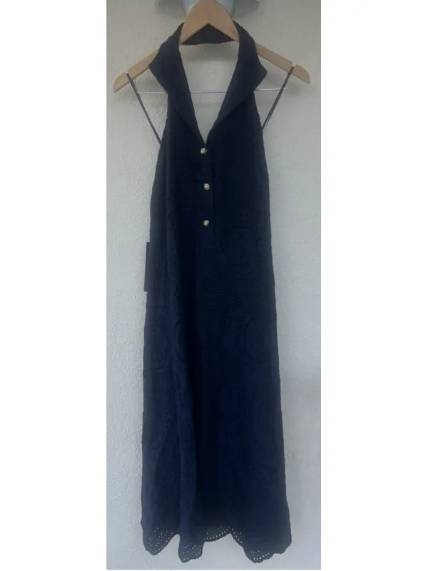 Tuckernuck Navy Nautical Eyelet Jagger Halter Dress Scallop Coastal Beach Resort - Image 6