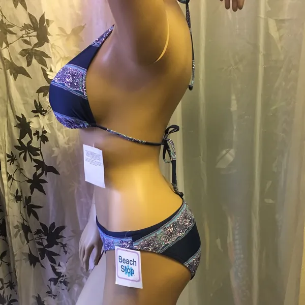 NWT Beach Stop Paisley Triangle Bikini Swim Set Medium Navy Purple - Image 6