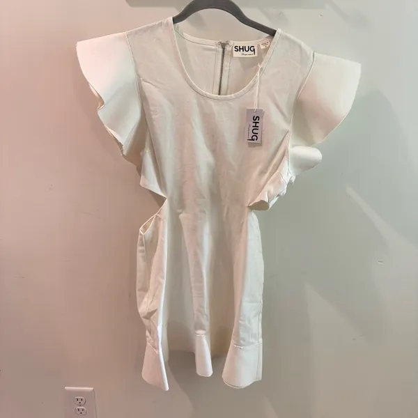 SHUG‎ August Dress White Flutter Sleeve Cut Out Ruffle Mini Dress Medium - Image 3