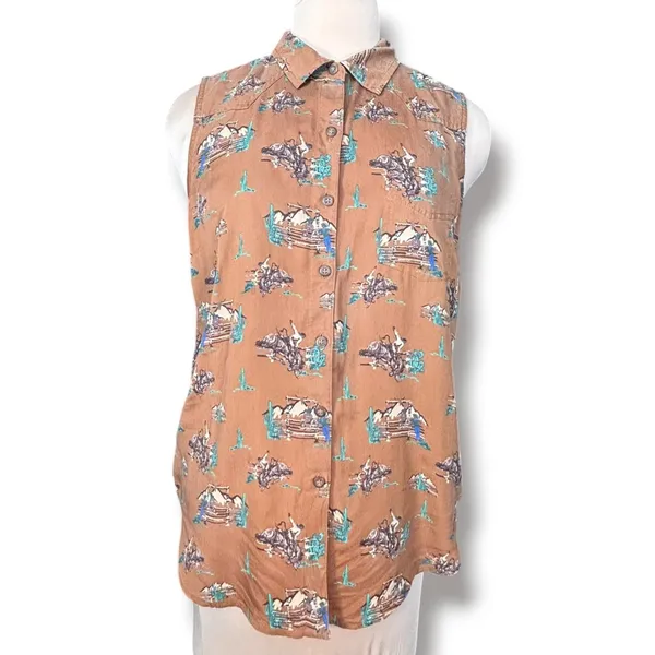 Ariat Womens Sleeveless Western Rodeo Print Button Down Shirt Brown Boho Cowgirl - Image 2
