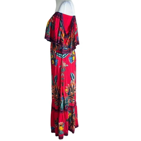 Flying Tomato Tropical Print Off The Shoulder Red Maxi Dress Womens XS Flowy Beach Vacation - Image 4