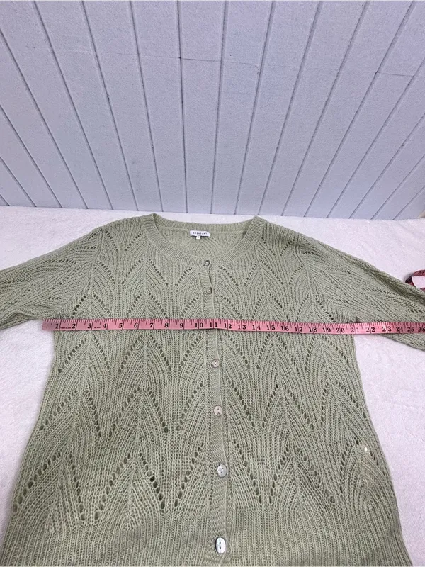 Crescent Wool Mohair Blend Saga Green Open Knit Cardigan Sweater Button Front - Image 6