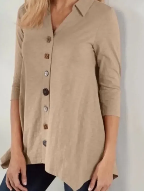 Soft Surroundings Danielle Button Tunic 3/4 Sleeve Cotton Desert Stone Size L - Image 3