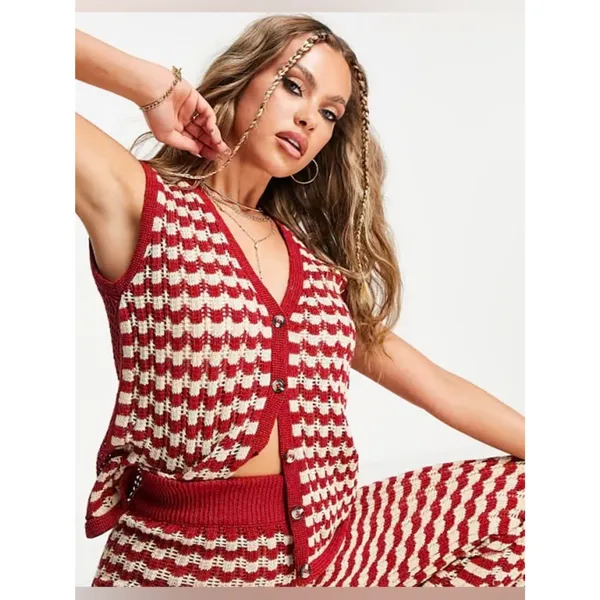 Source Unknown Damson Madder crochet sleeveless cardigan top red and ivory checkered pattern - Image 3