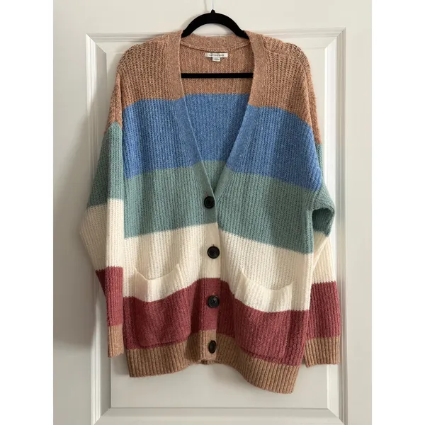 American Eagle Multi Color Striped Button Front Pocket Cardigan Sweater Size M - Image 2