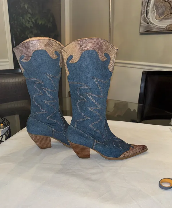 Dollhouse Blue and Brown Denim Heeled Boots - Image 3