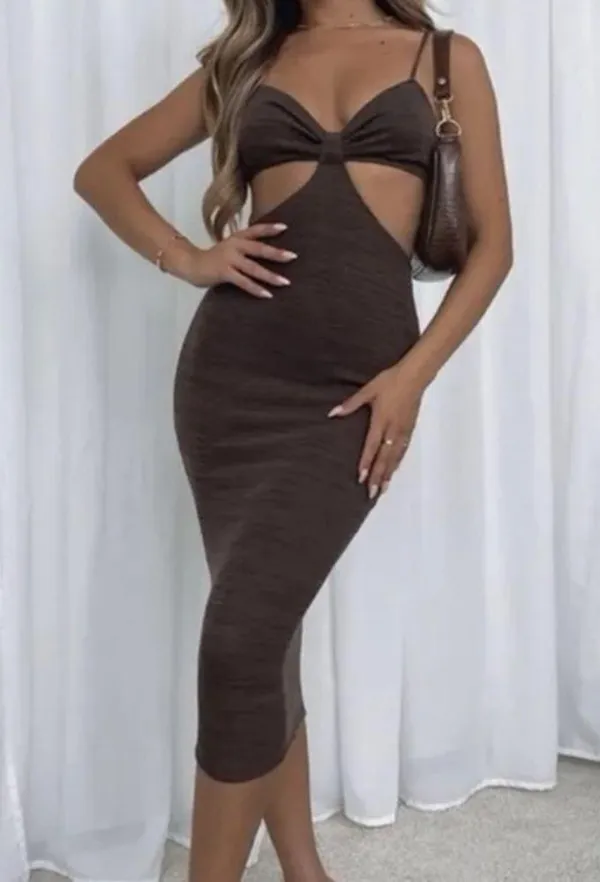 White Fox Level Headed Midi Dress in Chocolate - Image 2