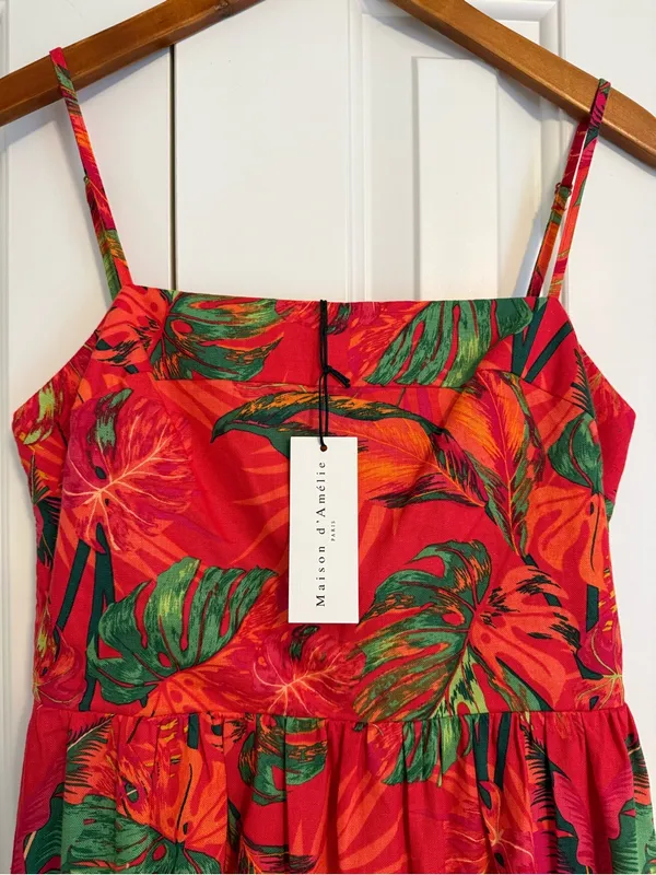 Maison d'Amélie tropical print red maxi dress NWT Size Small Linen Blend - Image 4